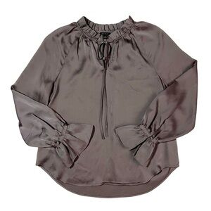 Ann Taylor Satin Ruffle Neck Blouse M Charcoal Gray Long Sleeve Tie Front